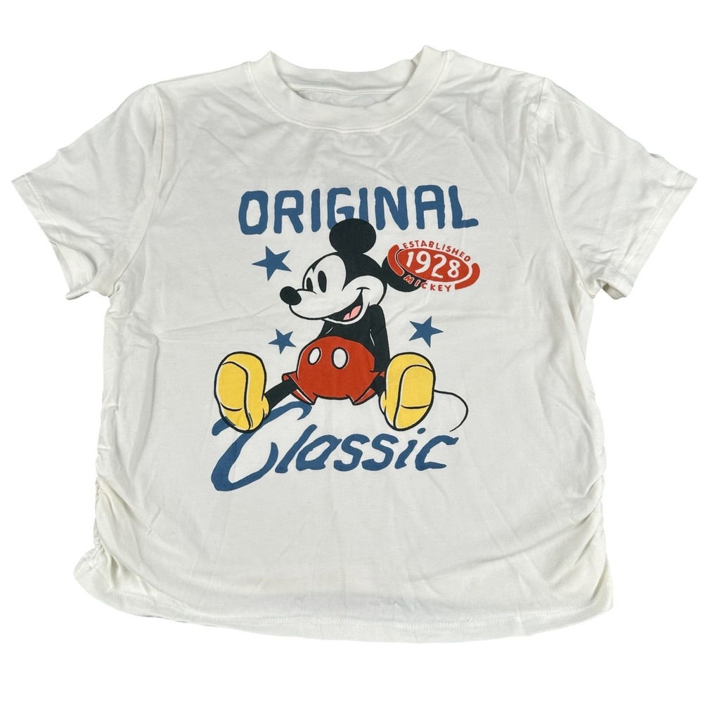 Disney Mickey Mouse Original Classic White Ruched Side Graphic T-Shirt Small 609